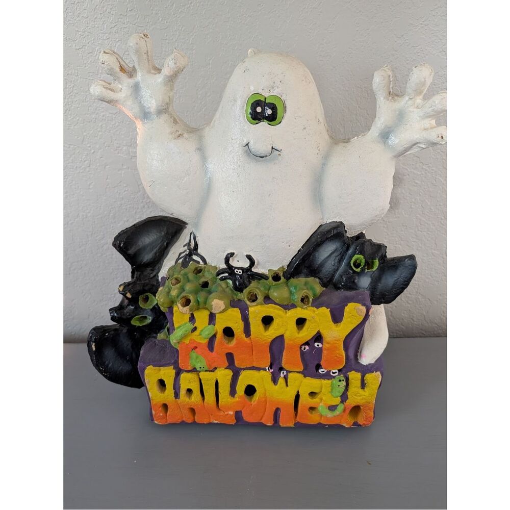 VTG Happy Halloween Spooky Blow Mold Ghost Bat Spider 18"‎ X 15"